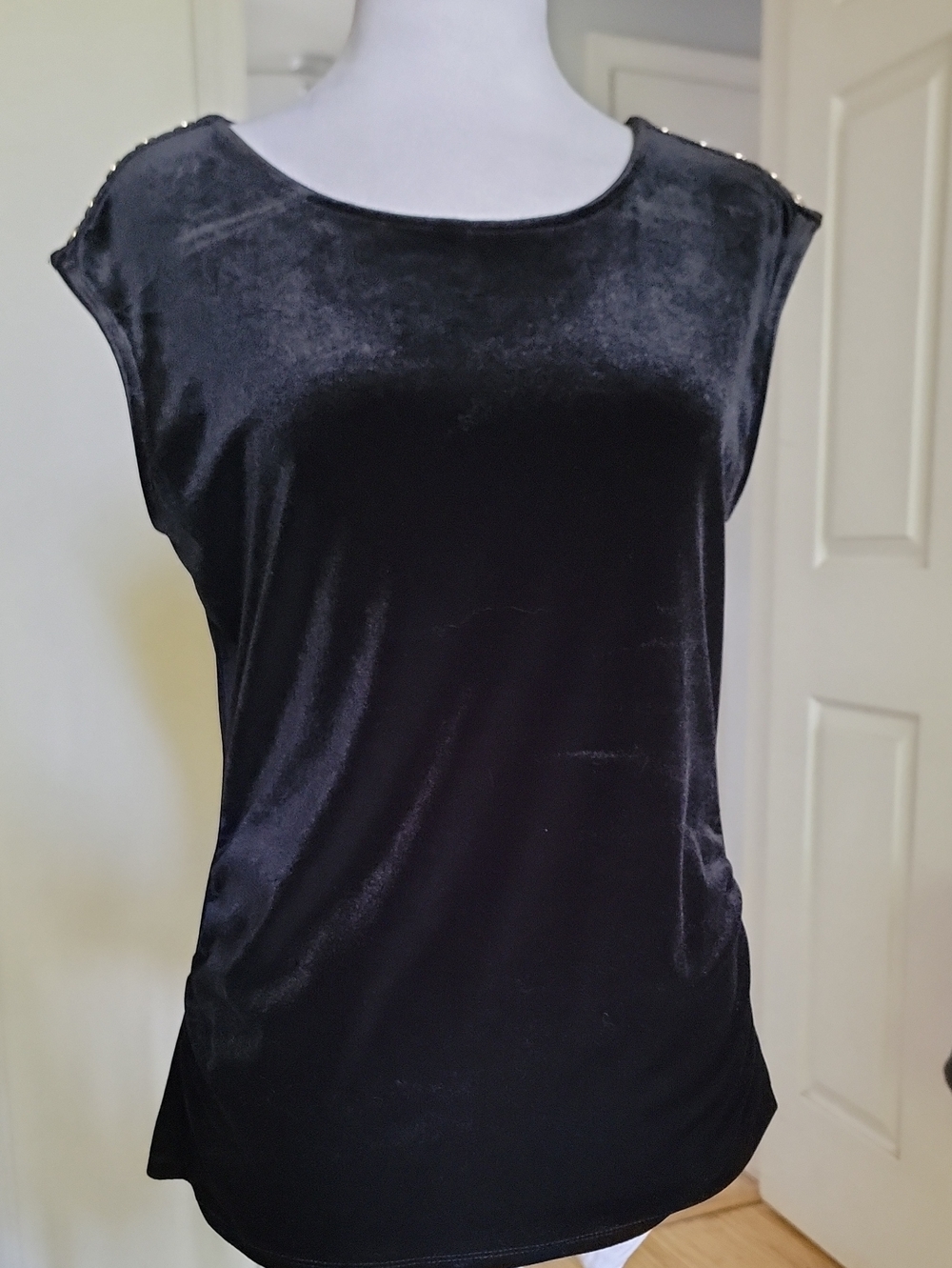 Calvin Klein Black Velvet Cap Sleeve Tank Top with Shoulder Studs